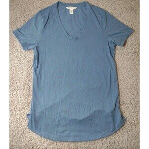 Athleta Blouse Vneck Dark Blue Sheer Floral Pattern Short Sleeve